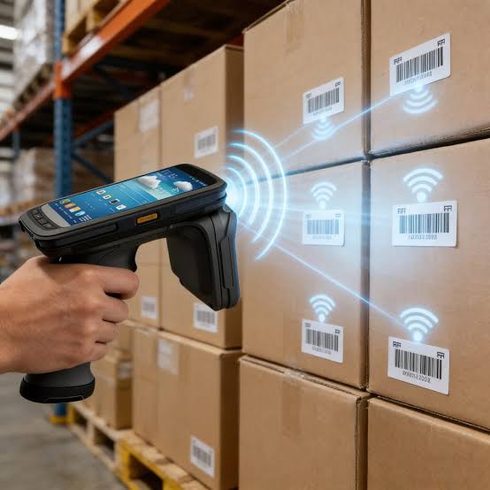 Handheld RFID reader being swept along tagged cartons on a warehouse shelf